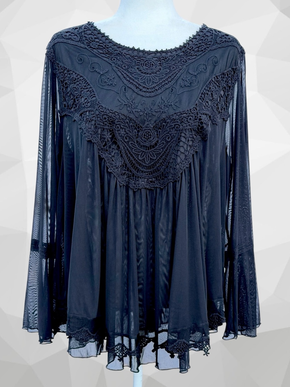 Ultra Pink Brand Sheer Black Mesh and Lace Bell Sleeve Swing Blouse ~ Women’s 1X